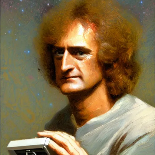 Image similar to portrait of isaac newton holding a 1 9 8 5's computer case, artwork by gaston bussiere, craig mullins, trending on artstation