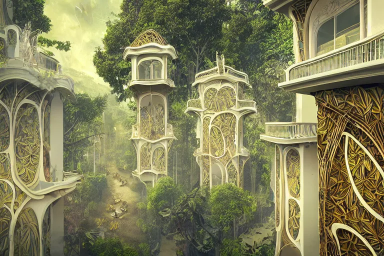 Prompt: elegance, foliage overgrowing favela honeybee hive, art nouveau environment, award winning art, epic dreamlike fantasy landscape, ultra realistic,