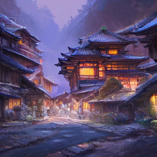 Prompt: concept art painting of a cozy village at night in a mountainous forested valley, historic european and japanese architecture, realistic, detailed, cel shaded, in the style of makoto shinkai and greg rutkowski and james gurney