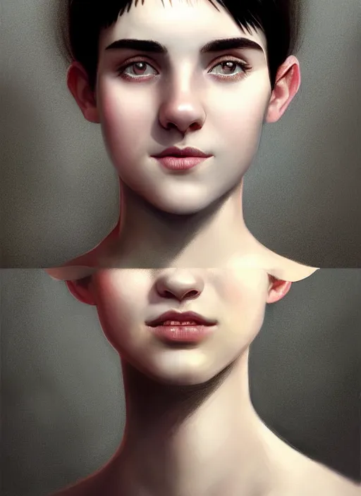 Image similar to portrait of white teenage girl, narrow face, short black hair and eyebrows, bangs, half updo hairstyle, buck toothed smile, unattractive, defined jawline, long chin, hair bow, intricate, elegant, glowing lights, highly detailed, digital painting, artstation, sharp focus, illustration, art by wlop, mars ravelo and greg rutkowski