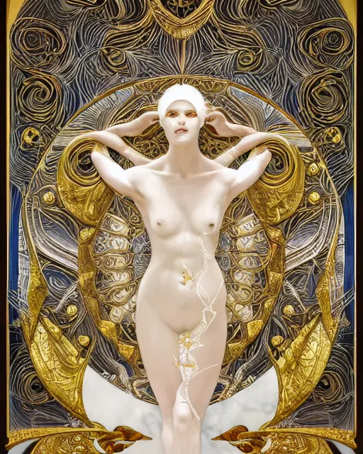 Image similar to symmetry, white marble, white marble bas relief sculpture, white and gold kintsugi, feminine shapes, crabs, spiders, scorpions, tarantulas, stunning, art by hr geiger and ridley scott and alphonse mucha and josephine wall, highly detailed, intricately detailed, art nuevo, octane, 8 k, trending on artstation