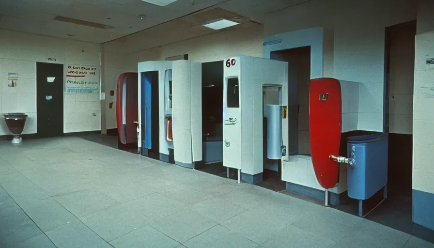 Prompt: 60s movie still of public toilets with one man cover in blood, cinestill 800t 50mm eastmancolor, liminal Space style, heavy grain-s 150