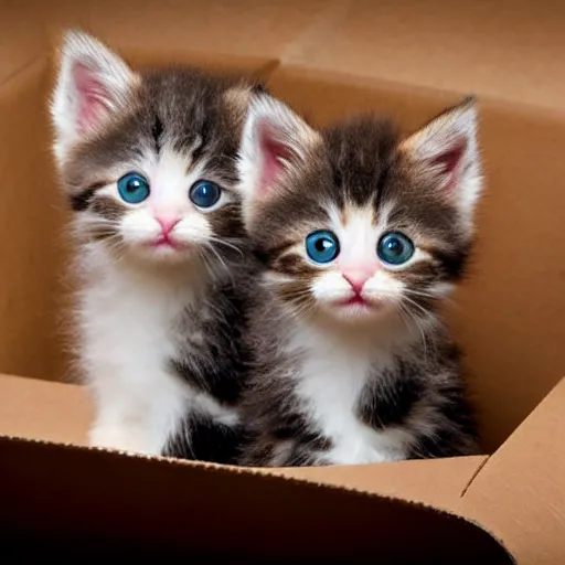 Image similar to cute fuzzy kittens in a cardboard box starting up at you with huge eyes, adorable, pixar