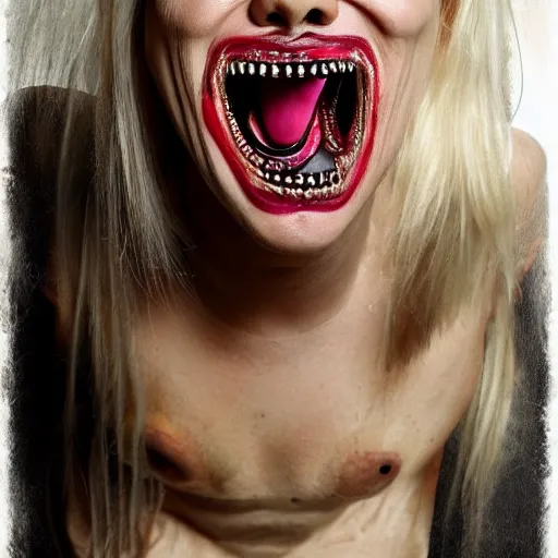 Prompt: body horror. a gorgeous woman with terrifying rotten teeth