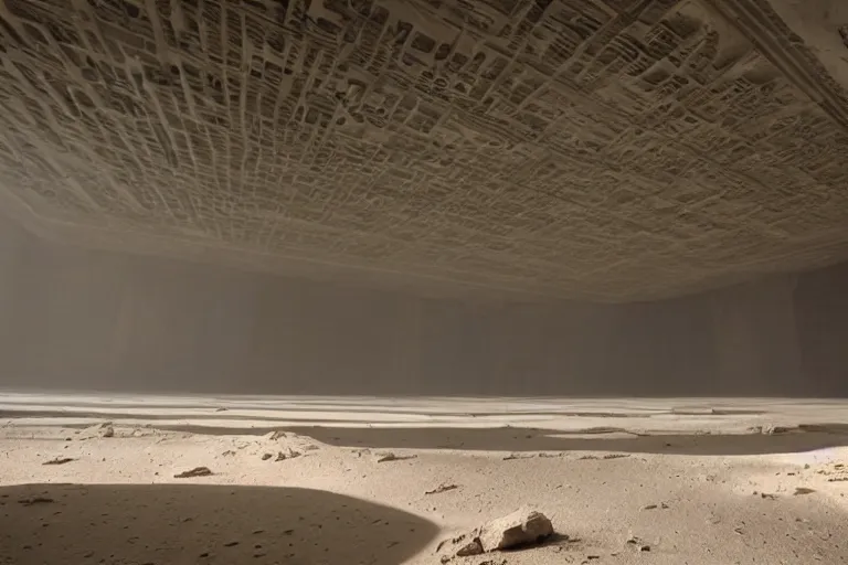 Image similar to inside a large open room with a tall ceiling, monolithic, open wall architecture, sand storm inside, high winds, concrete pillars, ancient sci - fi elements, on an alien planet, sun is blocked by dust, pale orange colors, cinematographic wide angle shot, directed by christopher nolan