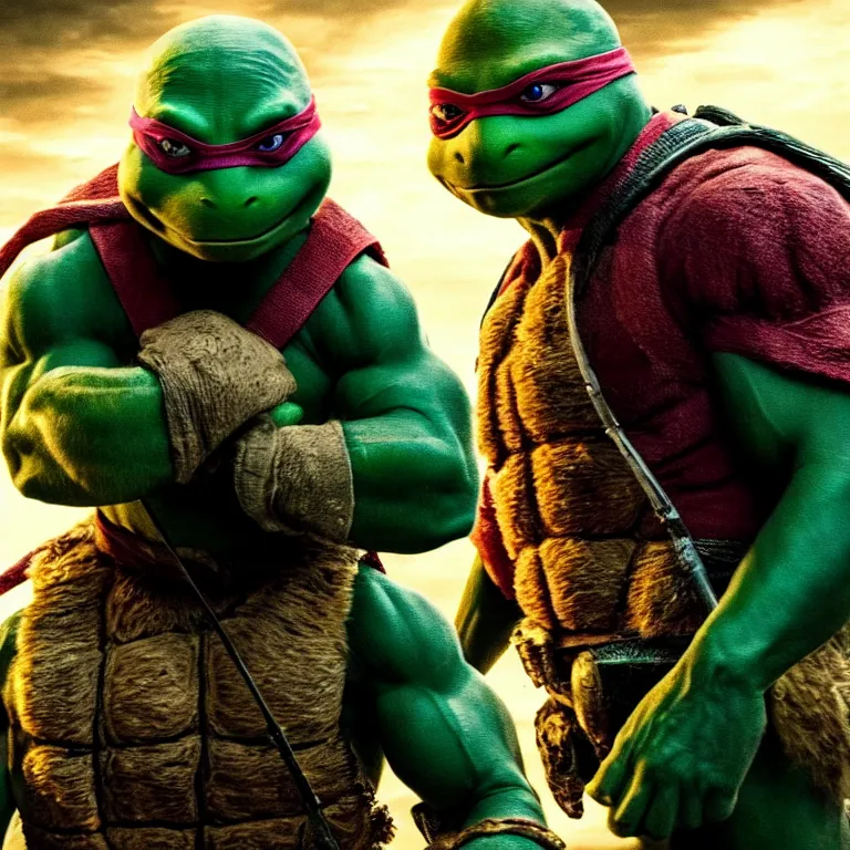 Image similar to hyper realistic teenage mutant ninja turtle movie still, gritty, realistic, noir, fight scene,