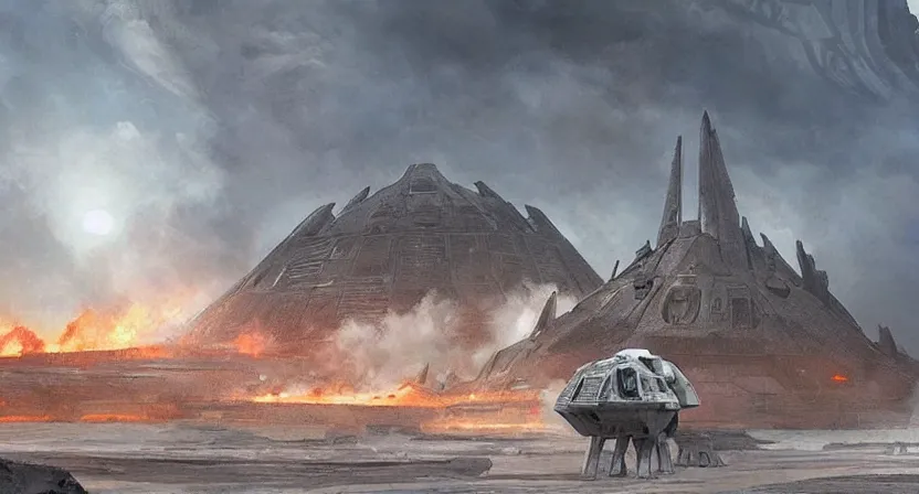 Prompt: an imperial base from star wars in a volcanic planet concept art by Doug Chiang, cinematic,