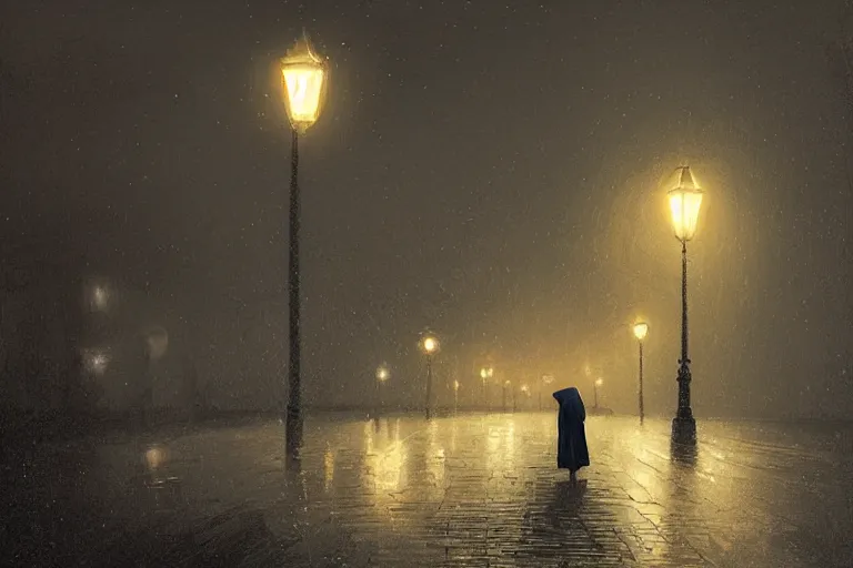 Image similar to lonely road of moscow at night with a single lamp post, 4 k, walking woman with umbrella, artstation, detailed, by greg rutkowski,