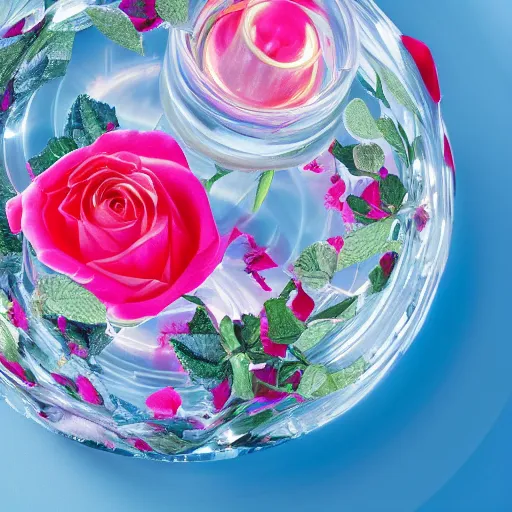 Image similar to centered bright perfume bottle standing in clear blue rippling water surrounded by a plethora of mint leaves and roses, with white crisp zen mountain background, illumination lighting, sharp focus, surreal photography, vogue, hartper's bazaar, sephora,