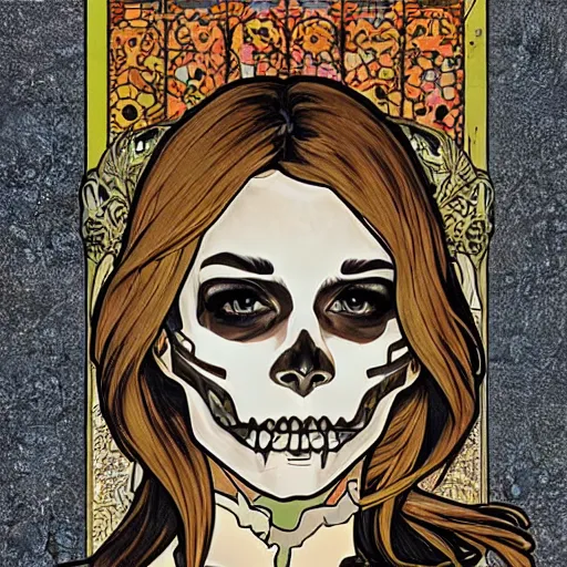 Image similar to manga skull portrait girl female skeleton taylor swift realism hyperrealistic art Geof Darrow and will cotton alphonse mucha pop art nouveau