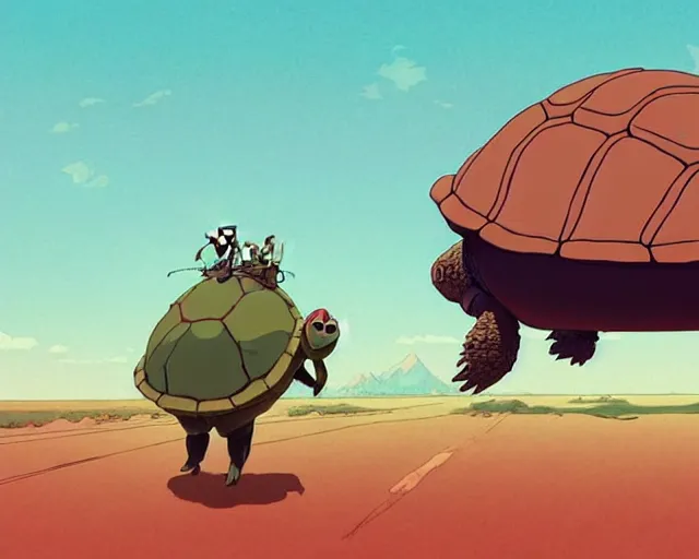 Prompt: a cell shaded cartoon giant turtle from howl's moving castle ( 2 0 0 4 ), on a desert road, illustration, wide shot, subtle colors, post grunge, concept art by josan gonzales and wlop, by james jean, victo ngai, highly detailed, sharp focus, trending on artstation, hq, deviantart, art by artgem