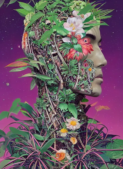 Image similar to gigantic robot head, a lot of exotic vegetation, trees, flowers by junji ito, tristan eaton, victo ngai, artgerm, rhads, ross draws, hyperrealism, intricate detailed