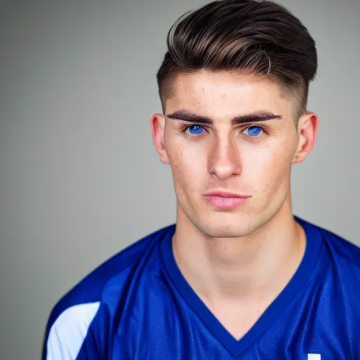 Prompt: a portrait of a young Caucasian man with short brown hair that sticks up in the front, blue eyes, groomed eyebrows, tapered hairline, sharp jawline, wearing a volleyball jersey, sigma 85mm f/1.4, 15mm, 35mm, 4k, high resolution, 4k, 8k, hd, highly detailed, full color, Kodak Kodachrome Film