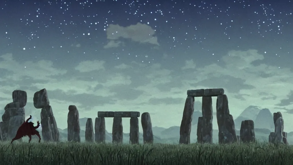 Prompt: a cell shaded cartoon movie still from princess mononoke ( 1 9 9 7 ) showing a chrome ufo over stonehenge. in the background is machu pichu on a misty and starry night. very dull muted colors, hd, 4 k, hq