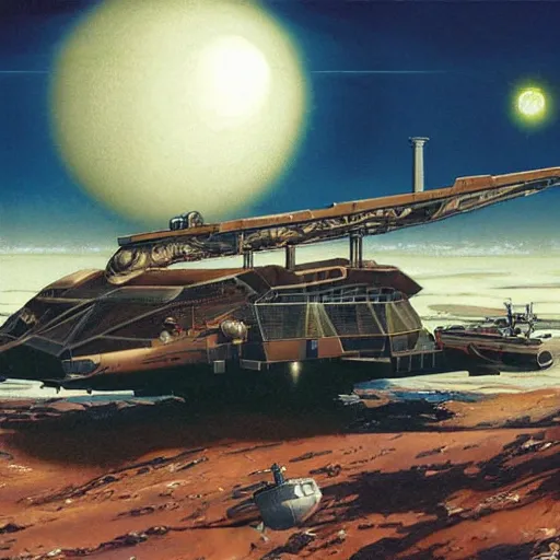 Prompt: scout spaceship with 100-ton hull used for exploration survey and courier duties, peter elson, chris foss, john berkey, tony roberts, jim burns, don davis