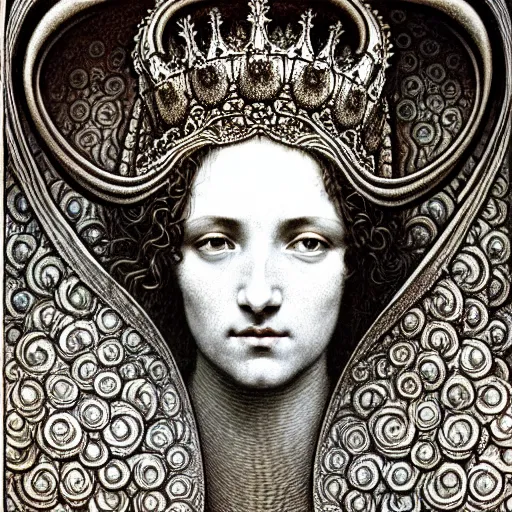 Image similar to detailed realistic beautiful young medieval queen face portrait by jean delville, gustave dore and iris van herpen, art forms of nature by ernst haeckel, art nouveau, symbolist, visionary, gothic, pre - raphaelite, fractal lace, surreality, horizontal symmetry, intricate details