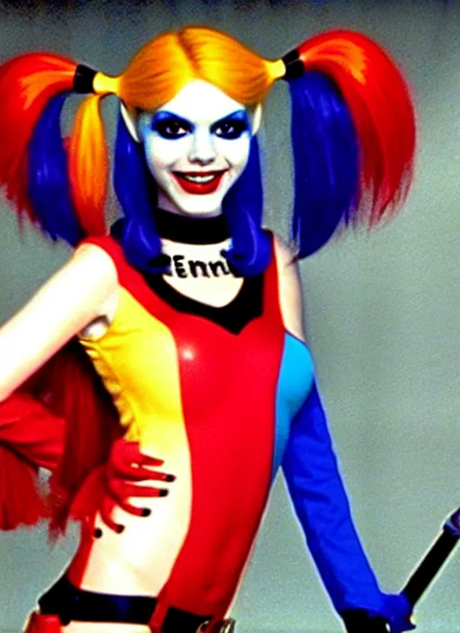 Image similar to a film still of victoria justice as harley quinn from a year nineteen - seventy - two italian giallo film about furbys.