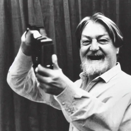 Image similar to laughing robert wyatt pointing a gun at the camera