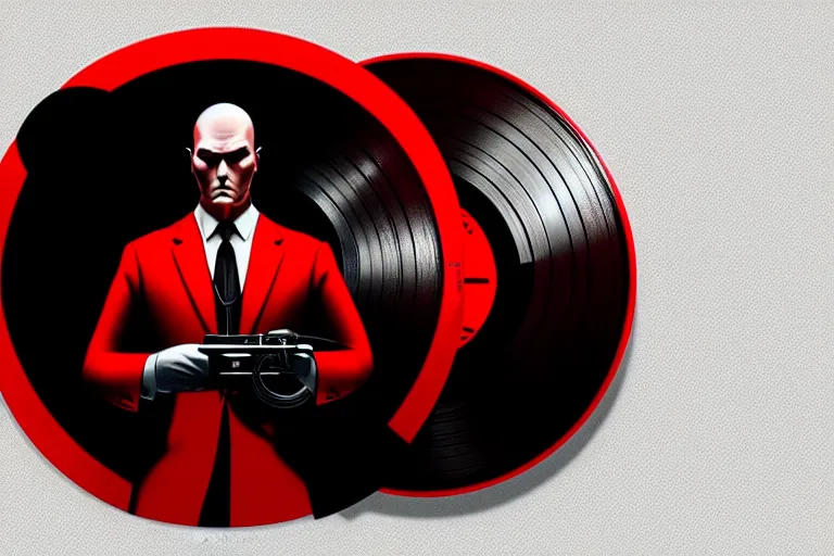 Image similar to a portrait of agent 4 7 from hitman wearing headphones and putting a vinyl record onto a turntable, dark background, red rim light, digital art, artstation, concept art by giger stalenhag