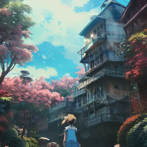 Image similar to anime themepark, dramatic lighting and composition, surreal background, octane render, ghibli, trending on artstation, photorealistic, high resolution, 8 k