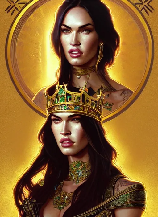 Image similar to portrait of megan fox as a queen, throne, jewelry, greek, emerald, intricate, headshot, highly detailed, digital painting, artstation, concept art, sharp focus, cinematic lighting, illustration, art by artgerm and greg rutkowski, alphonse mucha, cgsociety