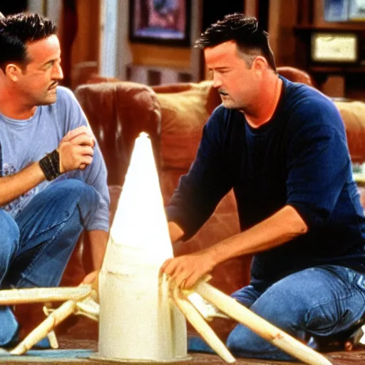 Image similar to A scene from Friends where Joey and Chandler starts to build a rocket from scratch