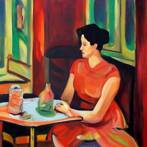 Image similar to a painting of a woman sitting at a table, a digital painting by isaac soyer, pixiv contest winner, american scene painting, digital illustration, digital painting, fauvism