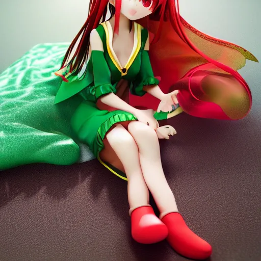 Image similar to cute fumo plush of a girl in a green and gold and wine red shiny dress, lens flare, anime girl, vray