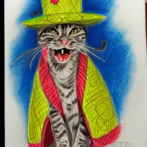 Image similar to pencil sketch of a happy cat wearing a sombrero