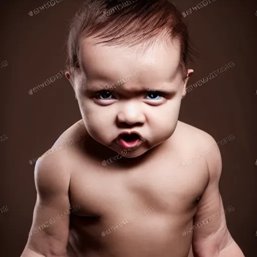 Prompt: a baby on steroids flexing, intense expression, epic, high detail, high contrast