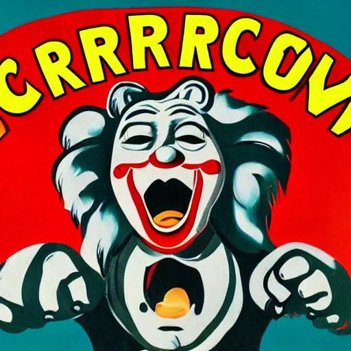 Image similar to poster advertising a circus, printed poster, creepy clown, roaring lion, 1 9 4 0 circus poster