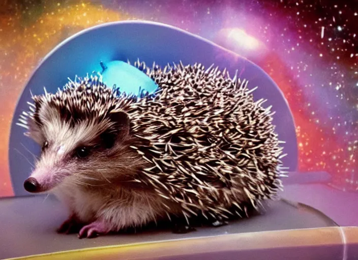 Image similar to a still from a 9 0 s cartioon, of a hedgehog wearing a crown inside a scifi spaceship