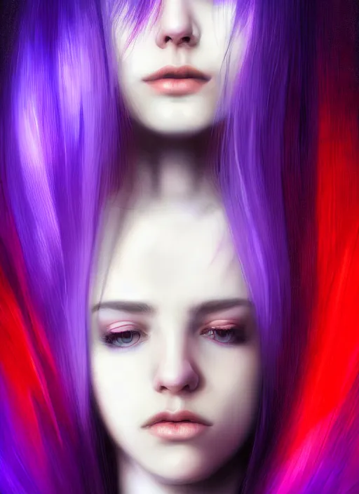 Image similar to hair whitebangs hair, black hair, blackbangswhitehair, portrait of teenage girl with white bangs, red irises, purple clothes, white bangs, bangs are different color from hair, intricate, elegant, glowing lights, highly detailed, digital painting, artstation, concept art, sharp focus, illustration, art by wlop, mars ravelo and greg rutkowski