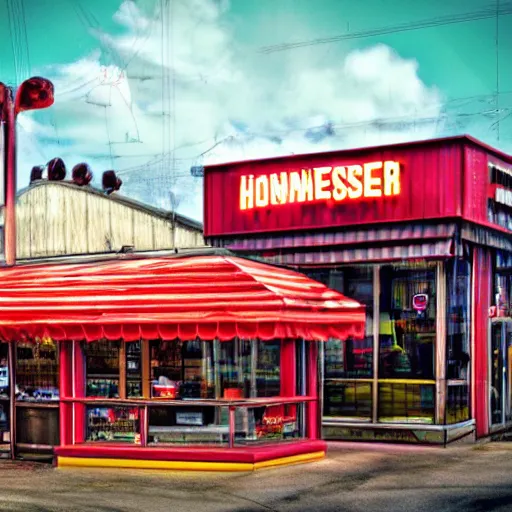 Image similar to Hamburger House in Fast Food Land, Realistic, HDR, Clear Image, HDD, RTX ON,