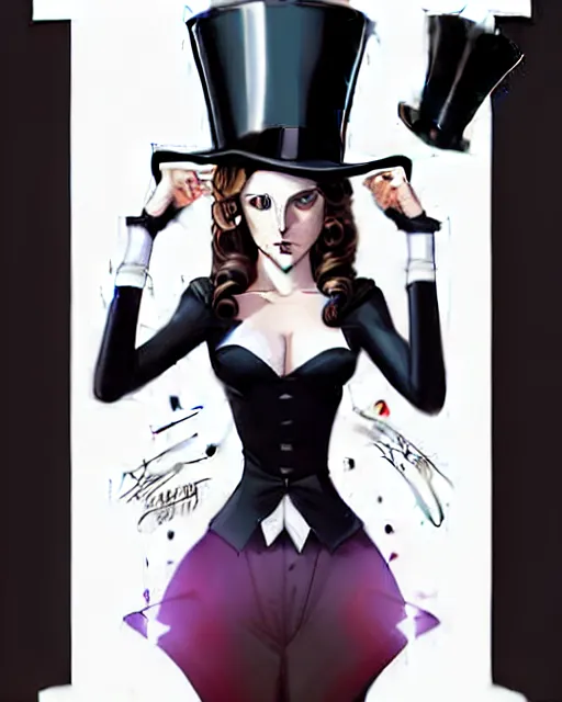 Image similar to beautiful Anna Kendrick Zatanna DC Comics floating on stage, wearing a top hat, symmetrical face symmetrical eyes, smiling, fantasy, intricate details, atmospheric, elegant, concept art, art by artgerm and eiichiro oda, Joshua Middleton art