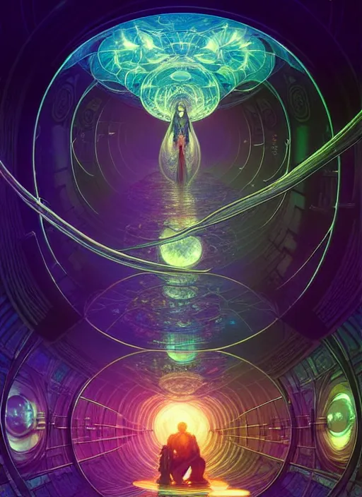 Prompt: high depth, inside fractals!! calm, healing, resting, life, hybrids, scifi, glowing lights!!, published concept art, mixed medias, image overlays, sharp focus, thin glowing wires, winning illustration, art by greg rutkowski and alphonse mucha, singularity!!!, 3 6 0 projection