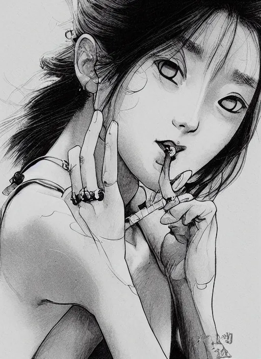 Image similar to portrait of a beautiful girl smoking a cigarette, by takehiko inoue and kim jung gi and hiroya oku, masterpiece illustration, ultrarealistic, perfect hands, perfect face and anatomy, golden ratio