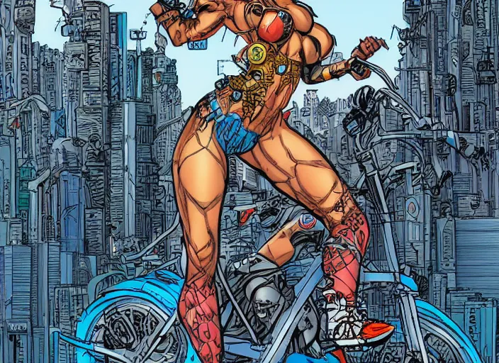 Image similar to a comic book portrait of a female fitness model biker in a cyberpunk city art by Geof Darrow,highly detailed artstation character concept art, full length character, sharp focus