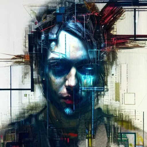 Prompt: hyperrealistic portrait of a cyberpunk hacker, digital ui, abstract blocks, by Guy Denning, Russ Mills, glitch art, hacking effects, glitch effects, digital tech effects, chromatic, color blocking!, oil on canvas, concept art, abstract