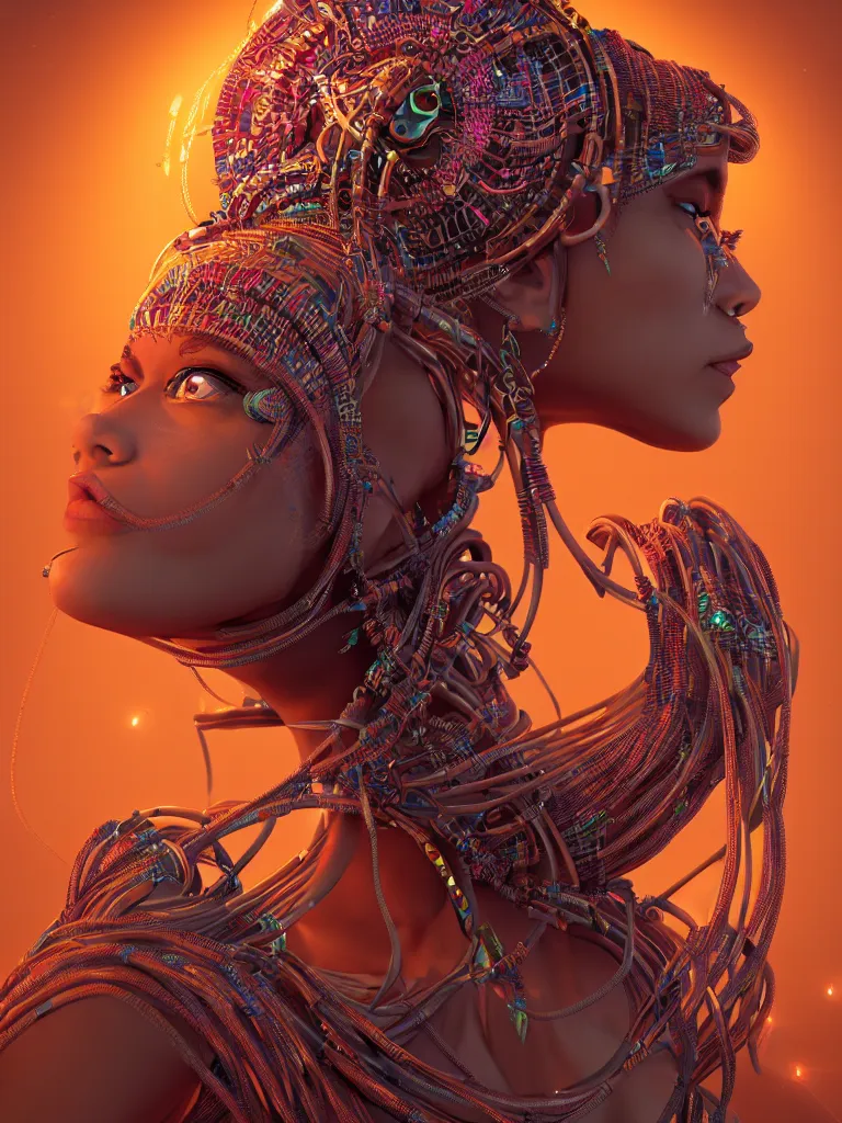 Prompt: a centered render of an alluring mystical tribal goddess adorned with cables and synthesizer parts is surrounded by sacred geometry, full body, gorgeous face, perfect face, powerful, cinematic, beautifully lit, by artgerm, 3 d, trending on artstation, octane render, 8 k