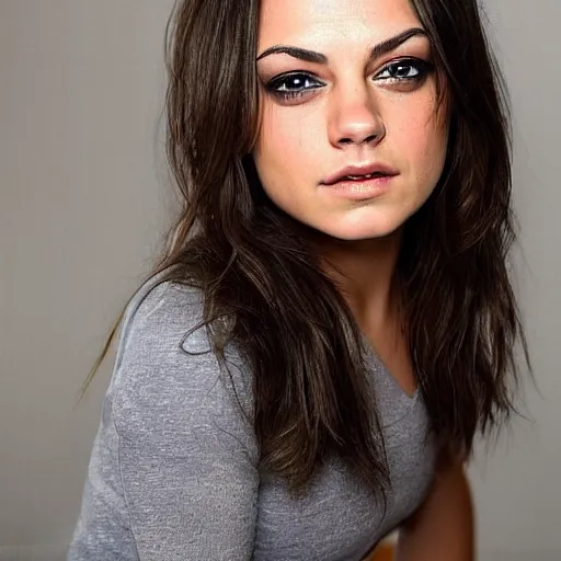 Image similar to a woman who is a genetic combination of mila kunis and emma watson face and upper - body focus