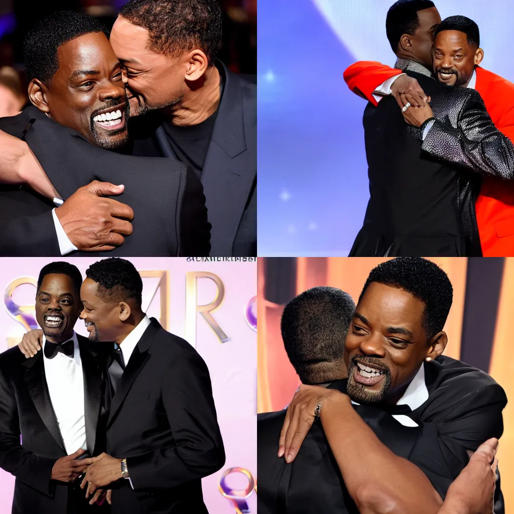 Prompt: Chris Rock and Will Smith hugging at an award show, 4k/8k, professional photography