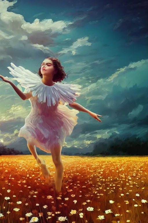 Prompt: giant white daisies flower head, girl dancing in a flower field, surreal photography, sunrise, dramatic light, impressionist painting, colorful clouds, digital painting, artstation, simon stalenhag