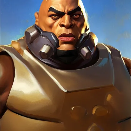 Image similar to greg manchess portrait painting of fully armored the foundation aka dwayne the rock from fortnite as overwatch character, medium shot, asymmetrical, profile picture, organic painting, sunny day, matte painting, bold shapes, hard edges, street art, trending on artstation, by huang guangjian, gil elvgren, ruan jia, greg rutkowski, gaston bussiere