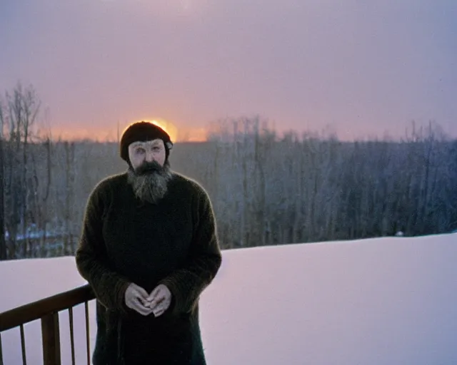 Prompt: lomographic tarkovsky film still of 4 0 years russian man with beard and sweater standing on small hrushevka 9 th floor balcony in winter taiga looking at sunset, cinestill, bokeh