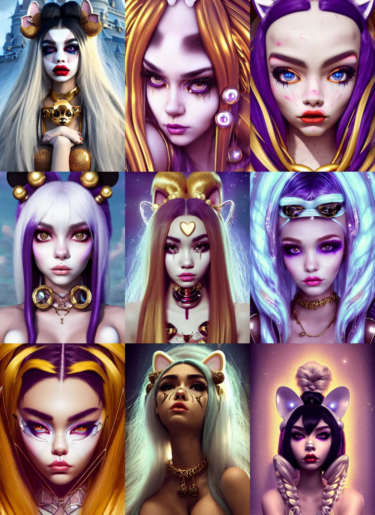 Prompt: madison beer edm catgirl white clowncore cyborg | braids, jewelry | glamorous oily soft polished rich enticing ornate modern | weta disney movie still photo | hi - fructose, sci fi fantasy, geometric golden ratio details, smooth, octane render, sharp focus, artstation, illustration | rutkowski, artgerm, mucha, wlop, loish |