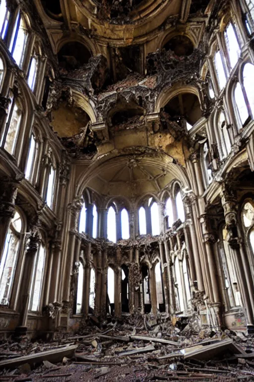 Image similar to photo inside a destroyed cathedral, ornate