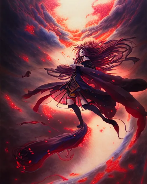 Image similar to megumin casts explosion, an ultrafine detailed painting by ayami kojima, cgsociety, fantasy, anime digital art, lovecraftian, cosmic horror, detailed painting