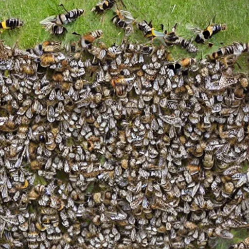 Prompt: photograph of a bee swarm attacking a skeleton army