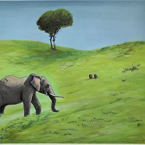Prompt: an elephant on a green meadow art by Raymond Briggs and Raymond Briggs